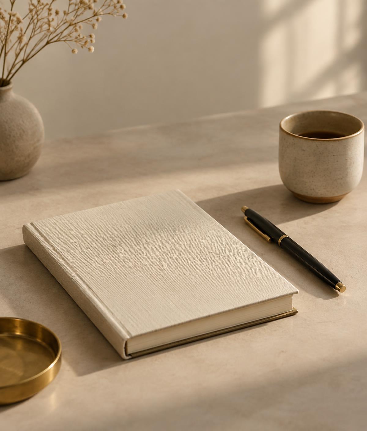 A closed linen journal and pen resting on a calm, sunlit table